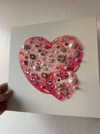 Pink Glitter Jeweled Hearts – 10x10 Original painting