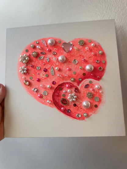 Pink heart with rhinestones and pearls Pink Jeweled Hearts – 10x10 Original painting