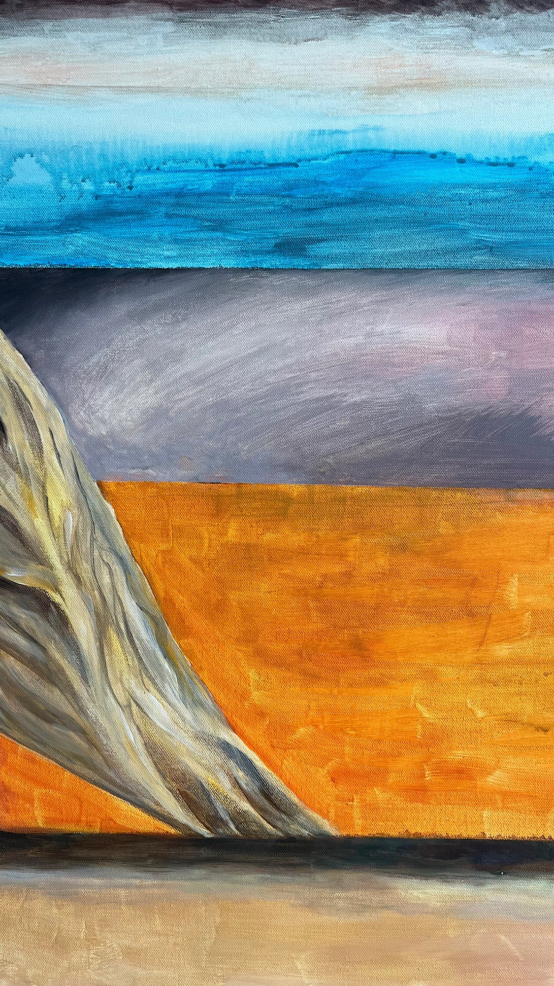 Detail view of original acrylic painting A Woman Who Loves and Waits, textured brushwork