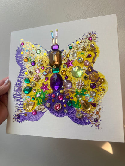 Handmade butterfly art with colorful gemstones and beads Jeweled Butterfly Art – 10x10 Origina painting