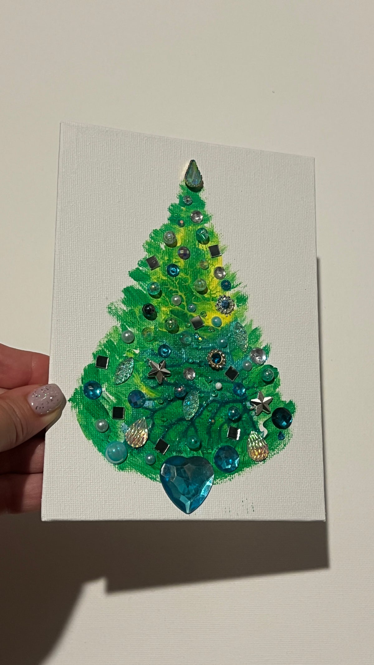 Aqua Heart Jeweled Christmas Tree – 5x7 Original painting