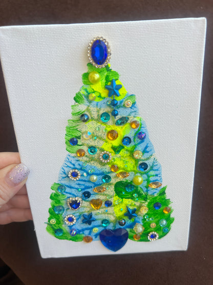 Blue & Lime Jeweled Christmas Tree – 5x7 Original painting