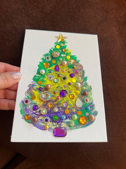 Purple, Gold & Green Jeweled Christmas Tree – 5x7 Original painting