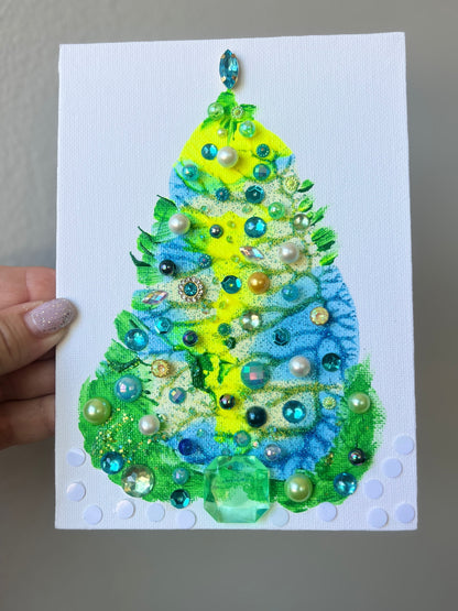 Handmade Christmas tree Lime & Blue Jeweled Christmas Tree – 5x7 Original
