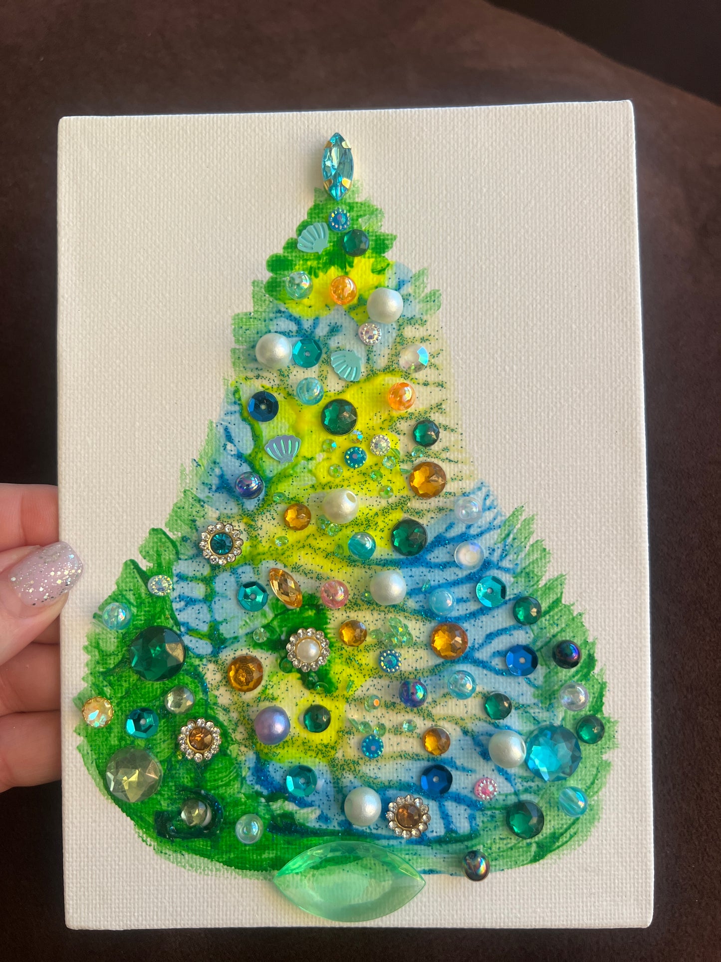 Lime, Blue & Green Jeweled Christmas Tree – 5x7 Original painting
