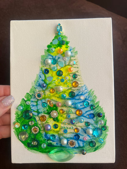Lime, Blue & Green Jeweled Christmas Tree – 5x7 Original painting