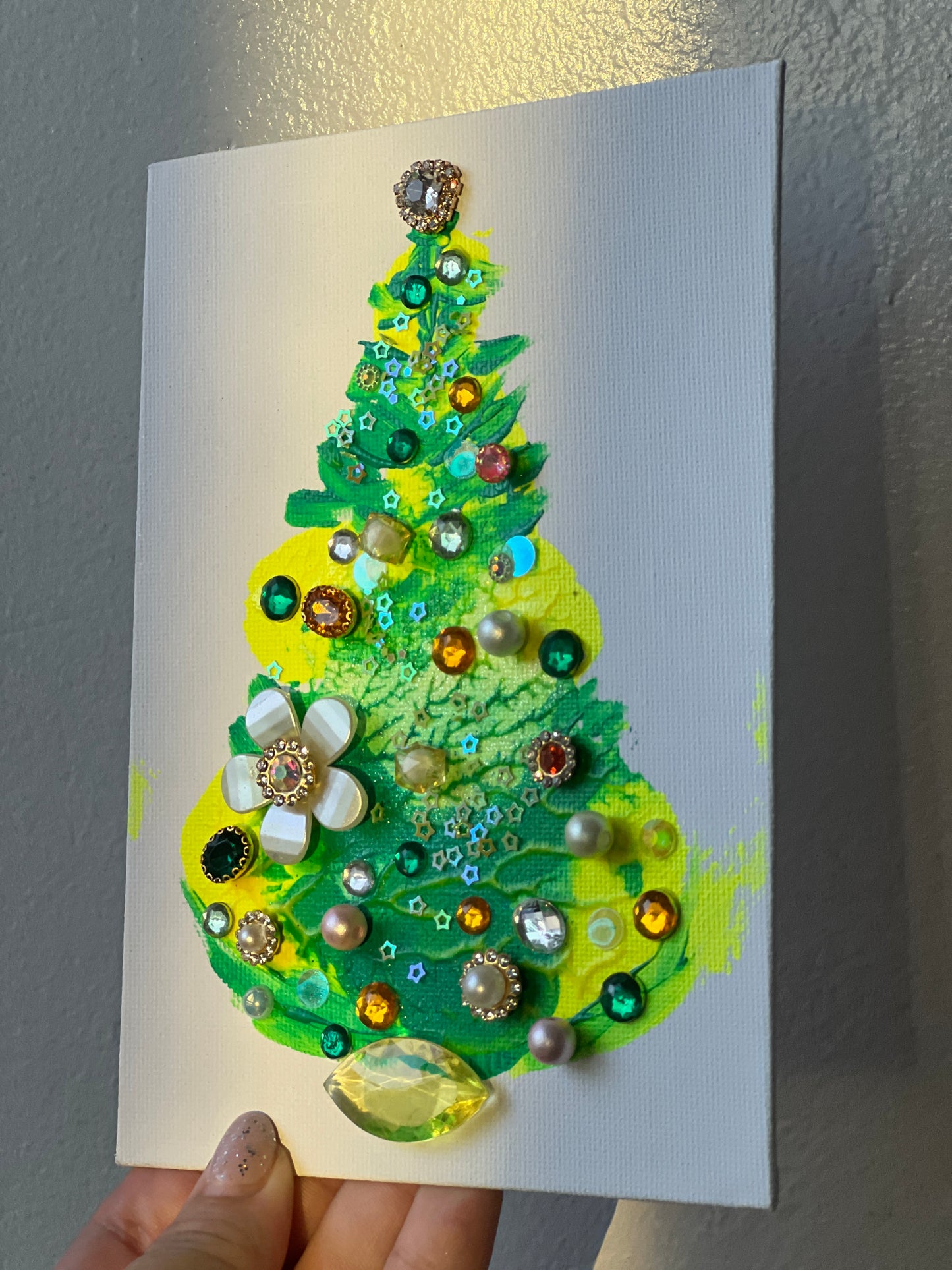 Emerald & Sunshine Jeweled Christmas Tree – 5x7 Original painting