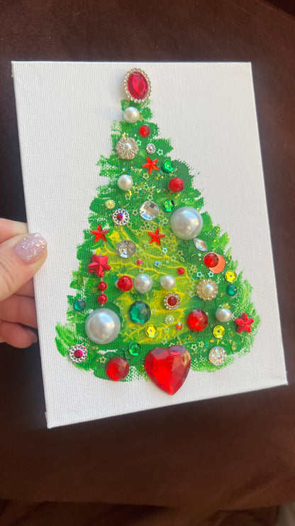 Classic Red & Green Jeweled Christmas Tree – 5x7 Original painting