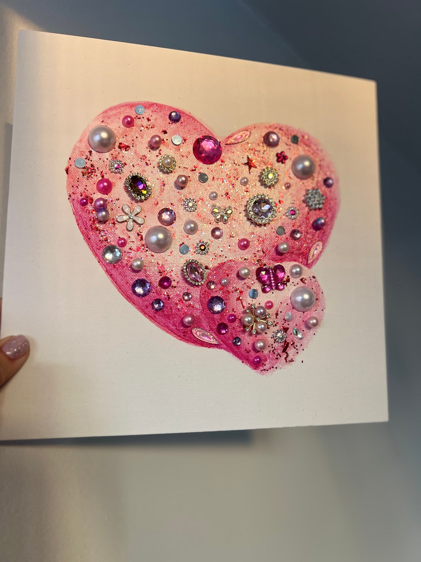 Pink Glitter Jeweled Hearts – 10x10 Original painting
