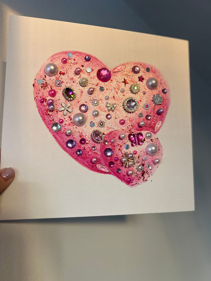 Pink Glitter Jeweled Hearts – 10x10 Original painting