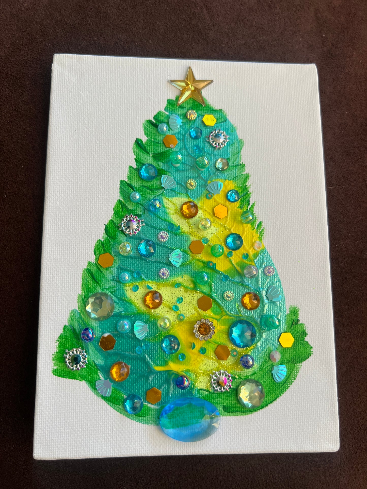Aqua & Gold Jeweled Christmas Tree – 5x7 Original painting