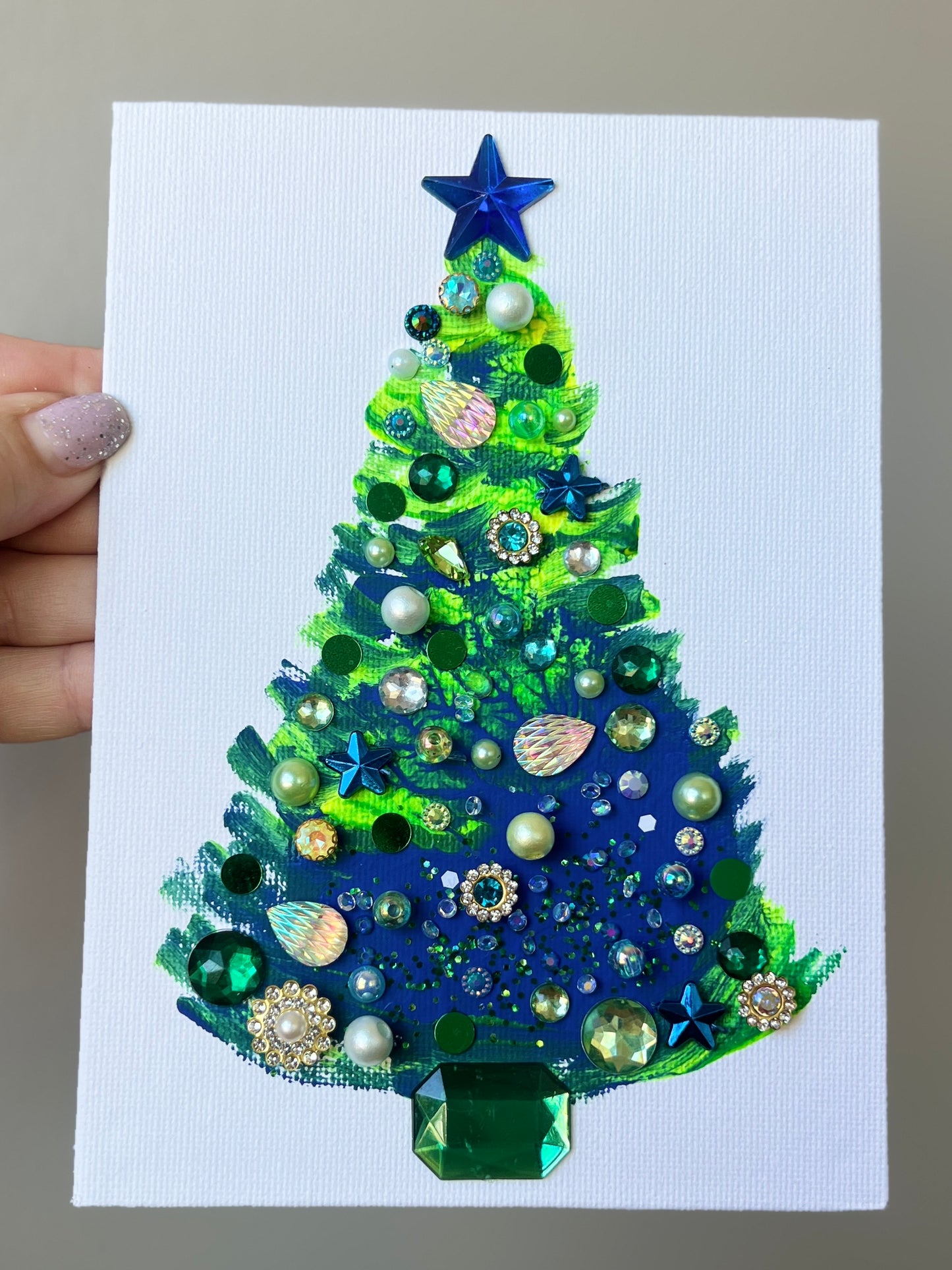 Blue & Green Jeweled Christmas Tree – 5x7 Original