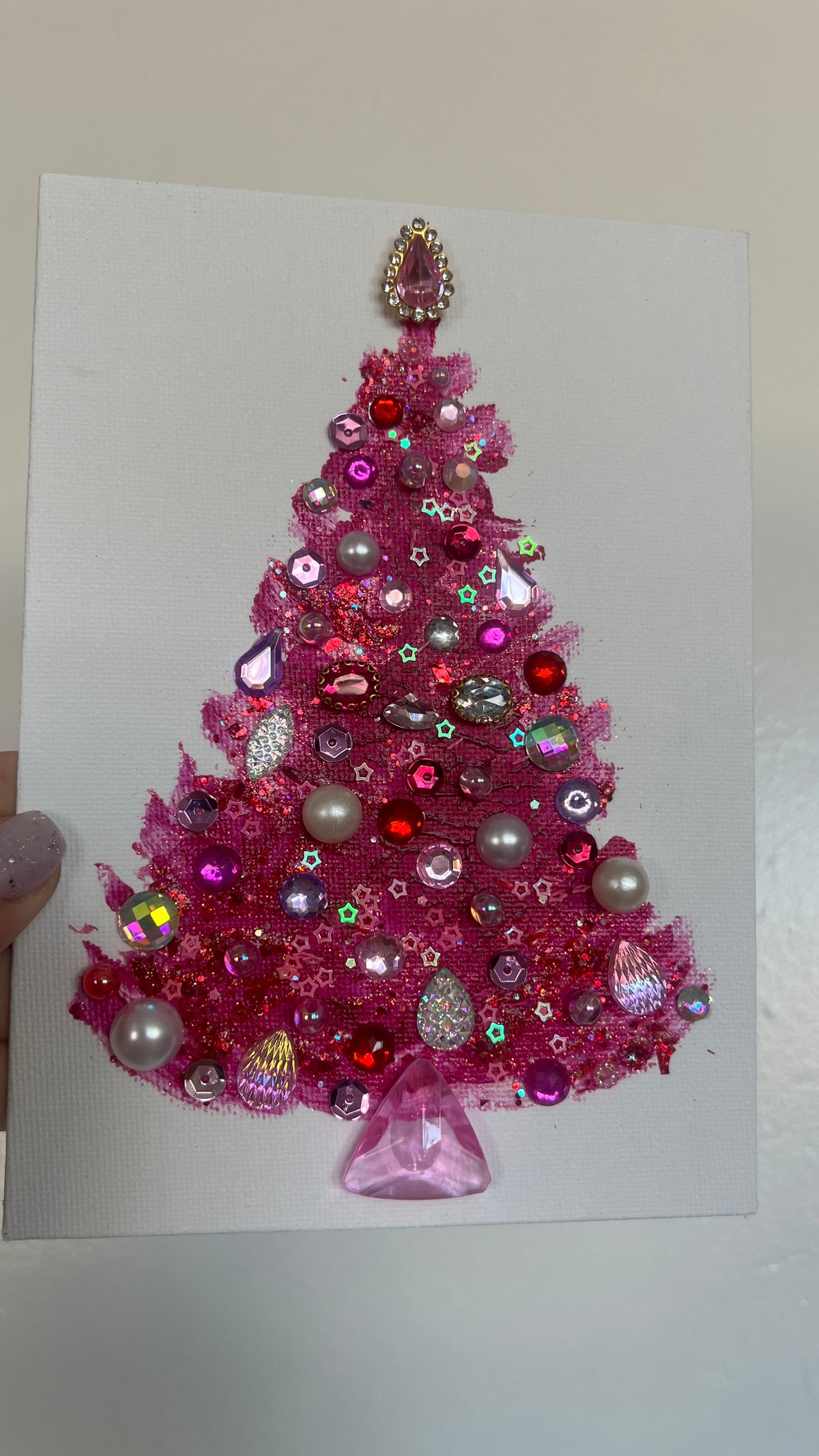 A pink Christmas tree glowing with celebration an original 3D painting, 5×7 in (12.7×17.8 cm)