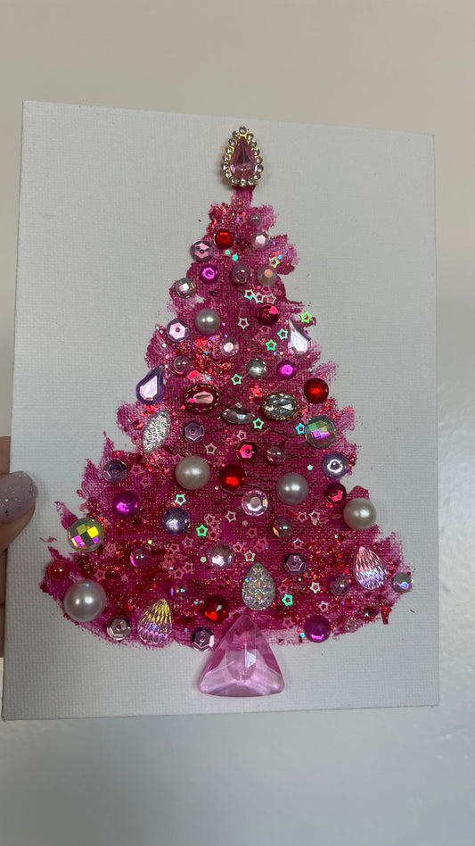 A pink Christmas tree glowing with celebration an original 3D painting, 5×7 in (12.7×17.8 cm)