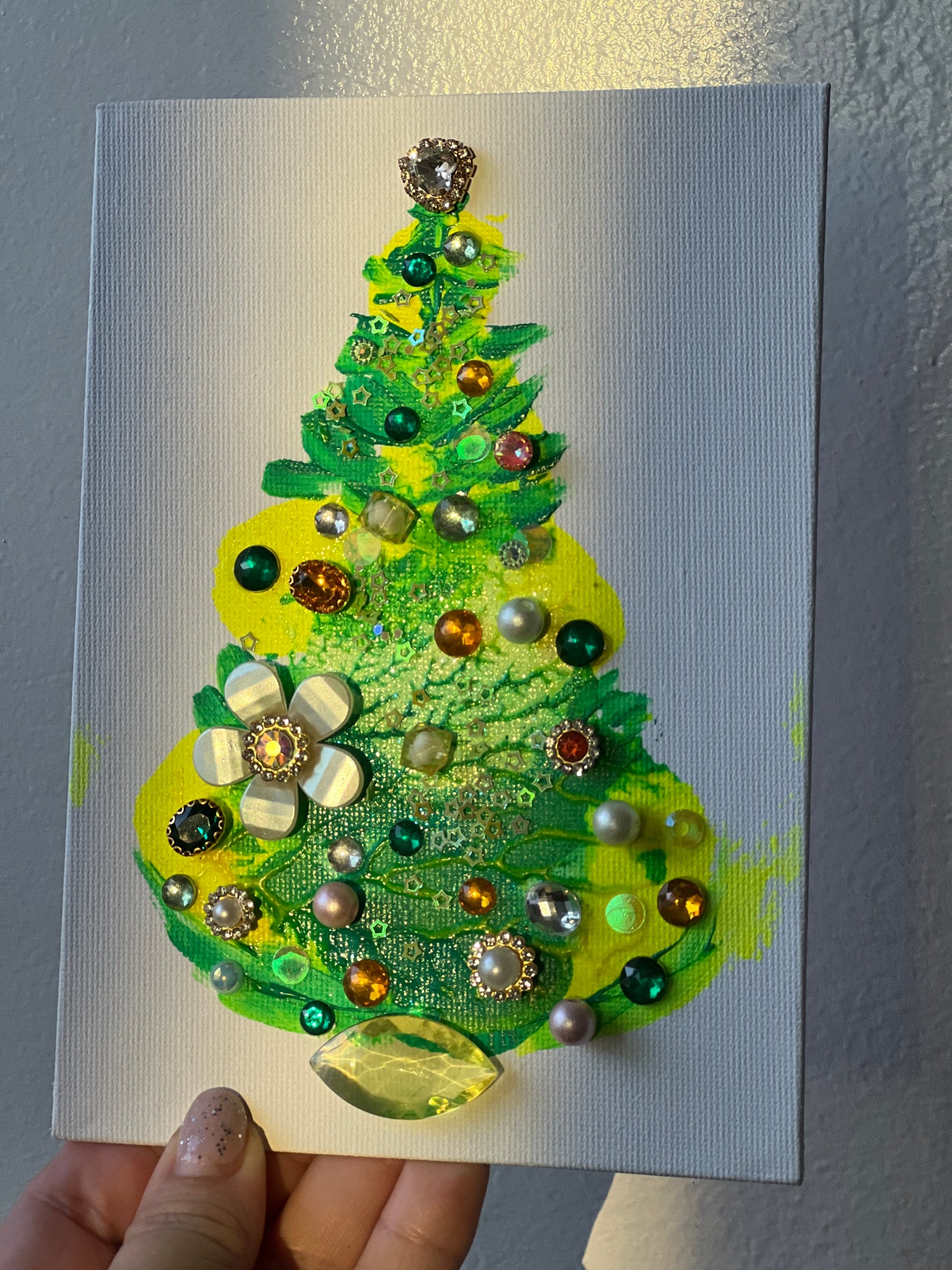 Emerald & Sunshine Jeweled Christmas Tree – 5x7 Original painting