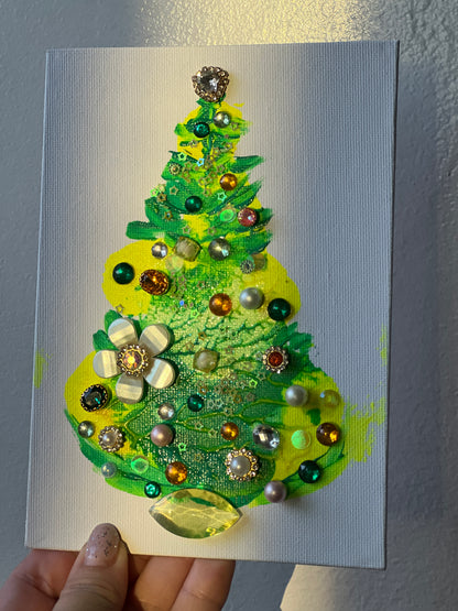 Emerald & Sunshine Jeweled Christmas Tree – 5x7 Original painting