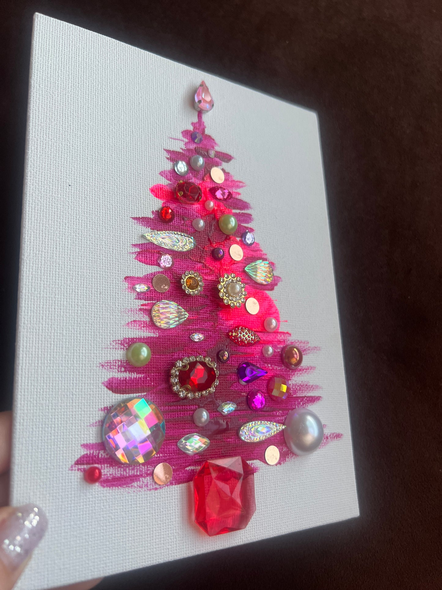 Handmade Textured Pink Christmas Tree Art – 5x7" (12.7x17.8 cm) Canvas Board