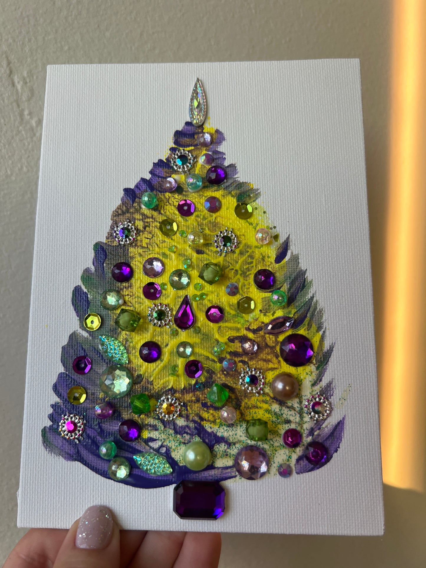 Purple, Lime & Gold Jeweled Christmas Tree – 5x7 Original painting