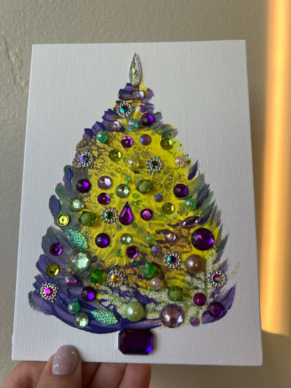 Purple, Lime & Gold Jeweled Christmas Tree – 5x7 Original painting