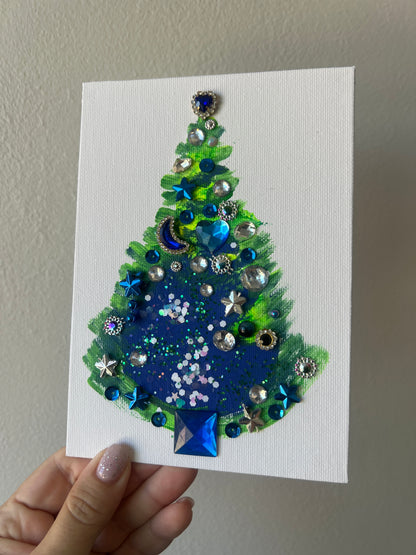 Starry Night Jeweled Christmas Tree – 5x7 Original painting