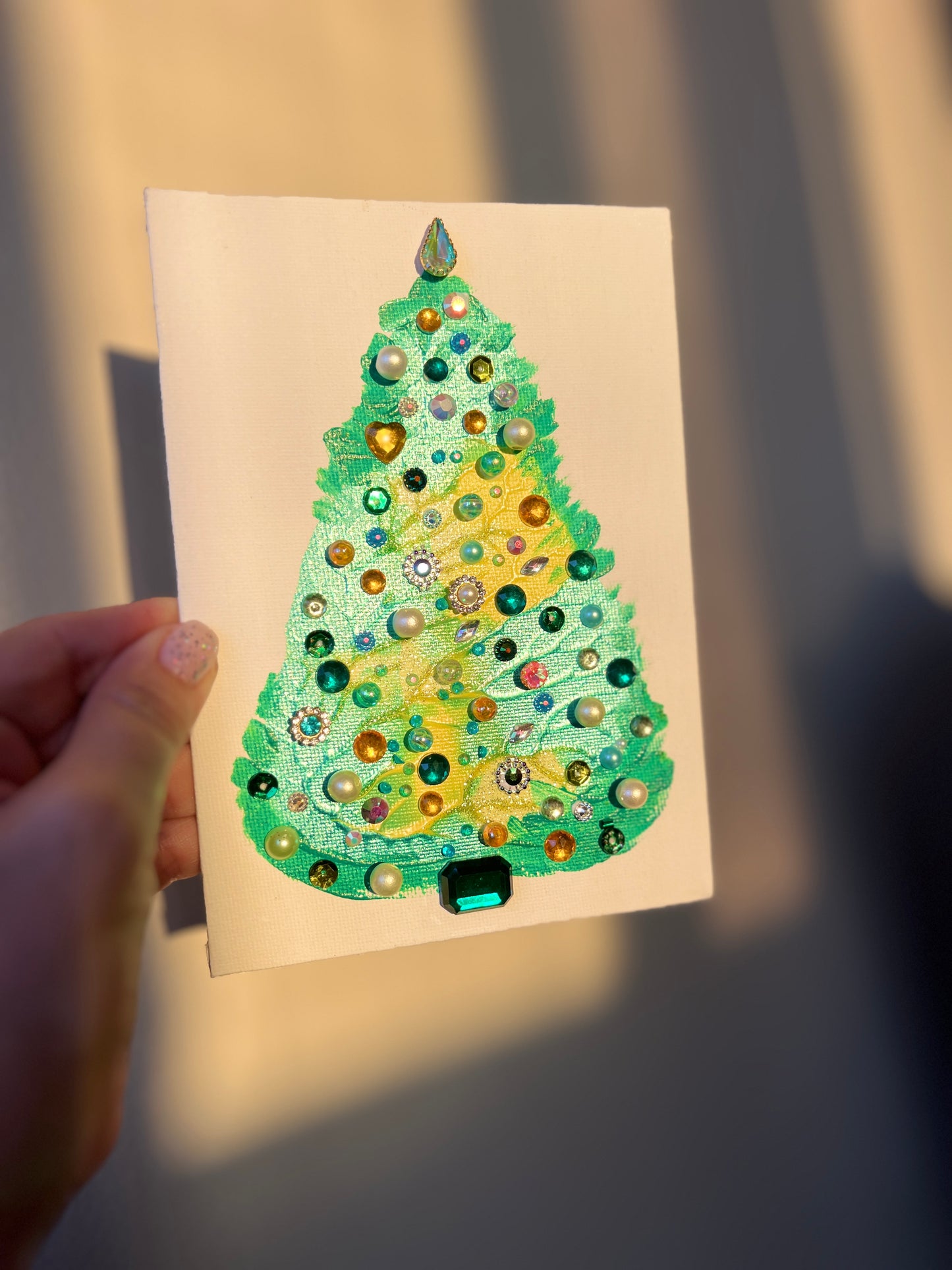 Aqua, Yellow & Emerald Jeweled Christmas Tree – 5x7 Original painting