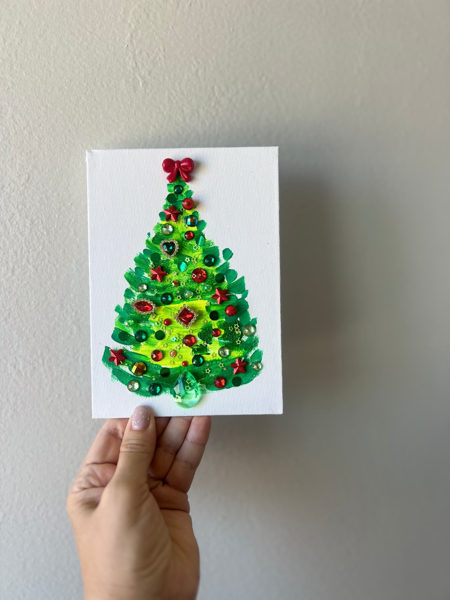 Classic Red & Green Jeweled Christmas Tree – 5x7 Original painting