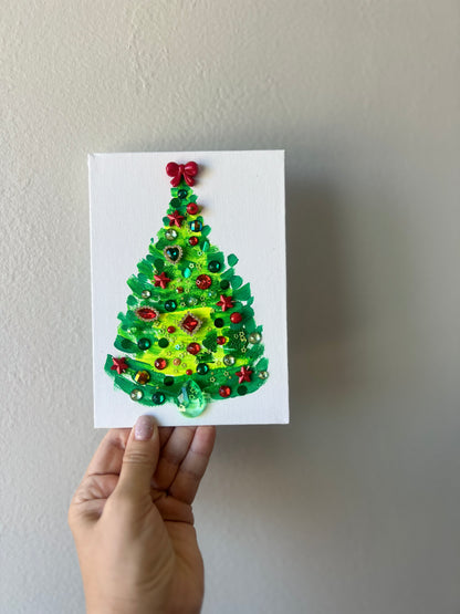 Classic Red & Green Jeweled Christmas Tree – 5x7 Original painting