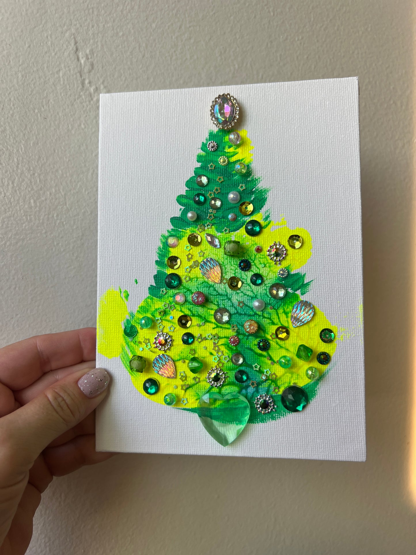 Lime & Teal Jeweled Christmas Tree – 5x7 Original painting