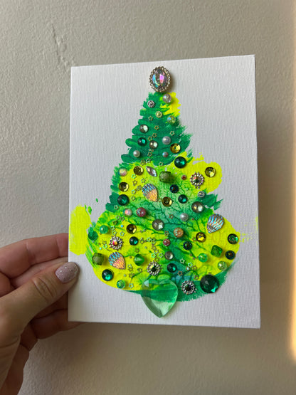 Lime & Teal Jeweled Christmas Tree – 5x7 Original painting