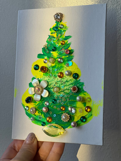 Emerald & Sunshine Jeweled Christmas Tree – 5x7 Original painting