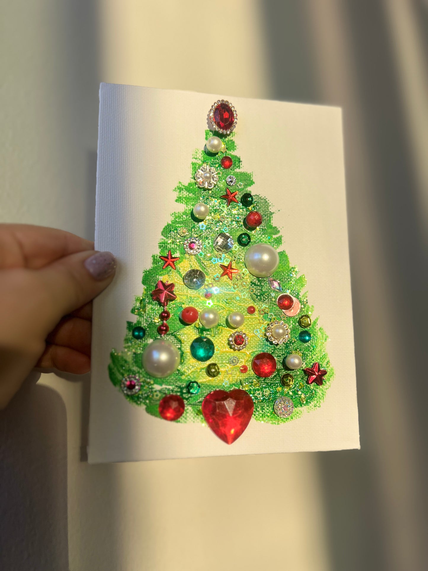 Classic Red & Green Jeweled Christmas Tree – 5x7 Original painting