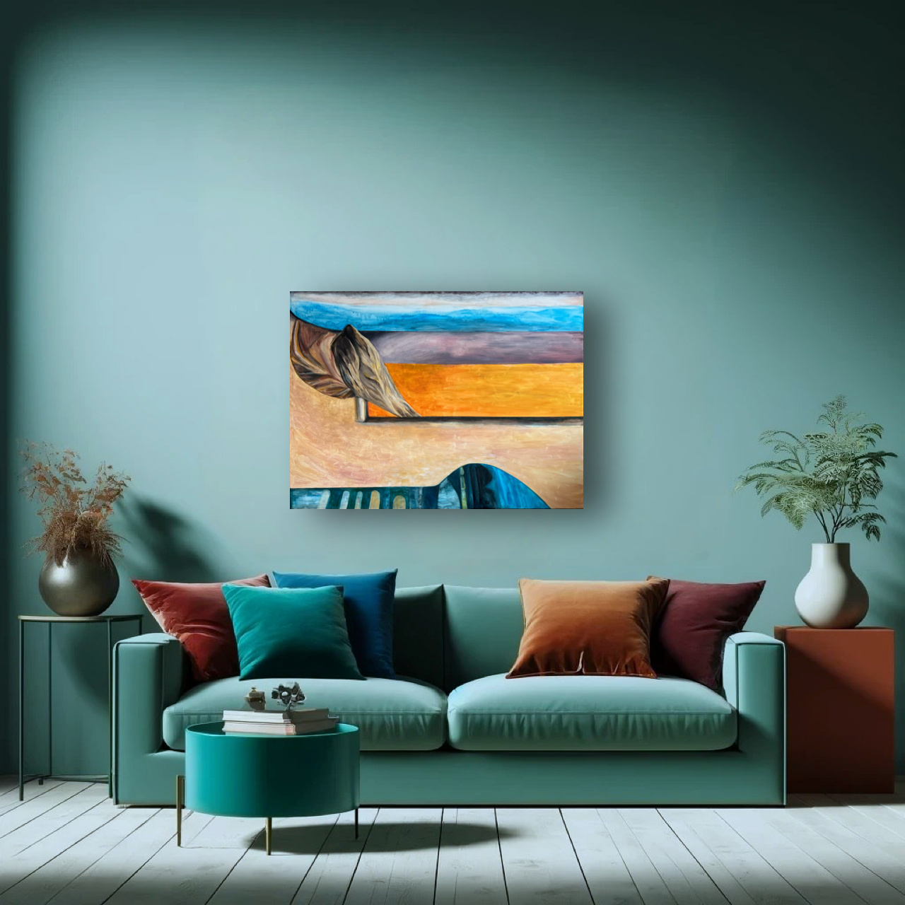 Full view of large canvas painting A Woman Who Loves and Waits displayed on wall