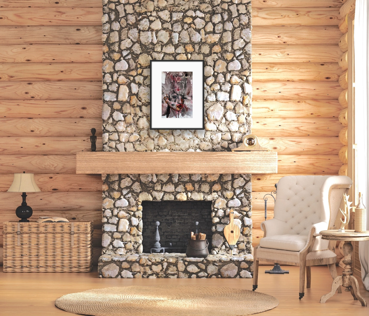 Living room with stone fireplace, wicker basket, and armchair.