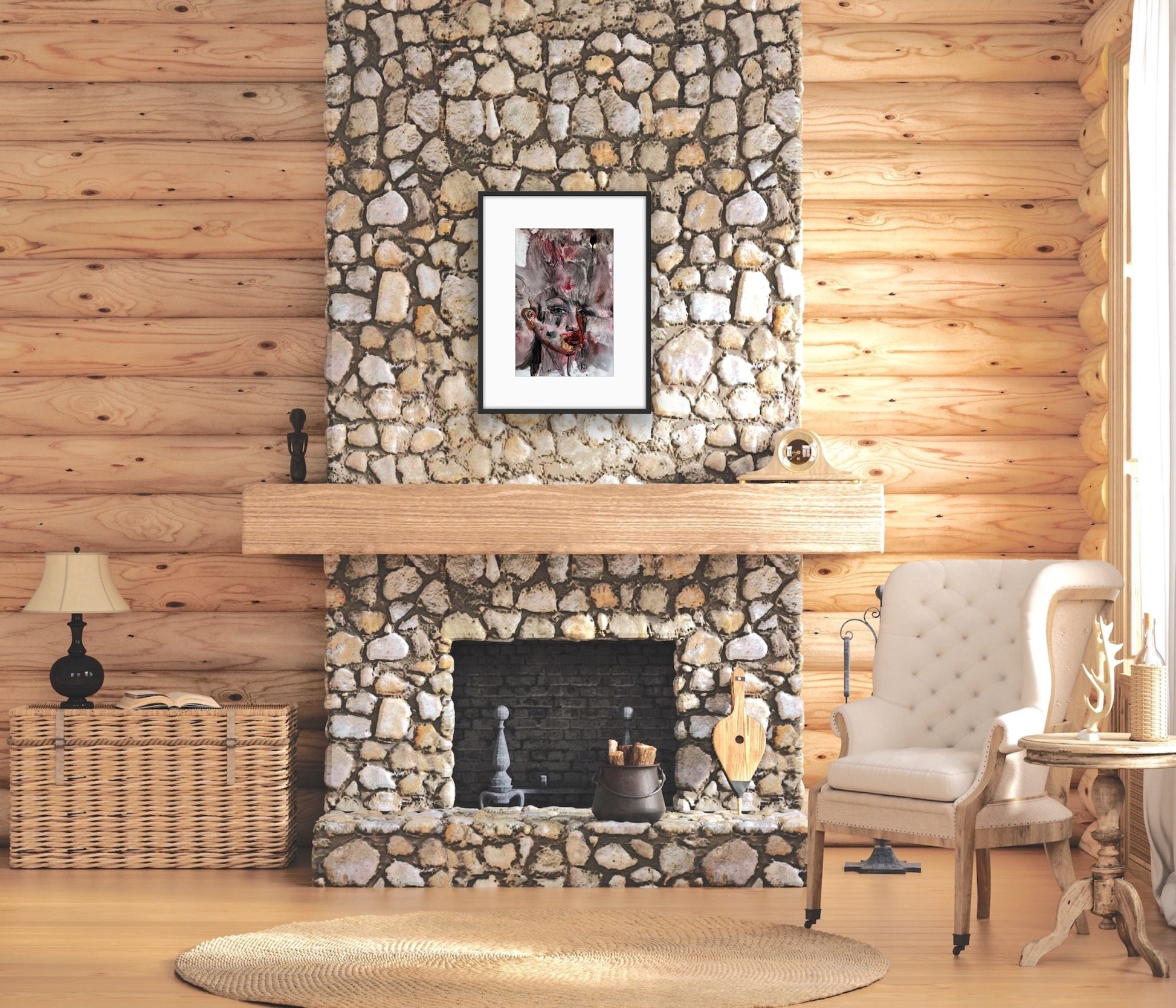 Living room with stone fireplace, wicker basket, and armchair.