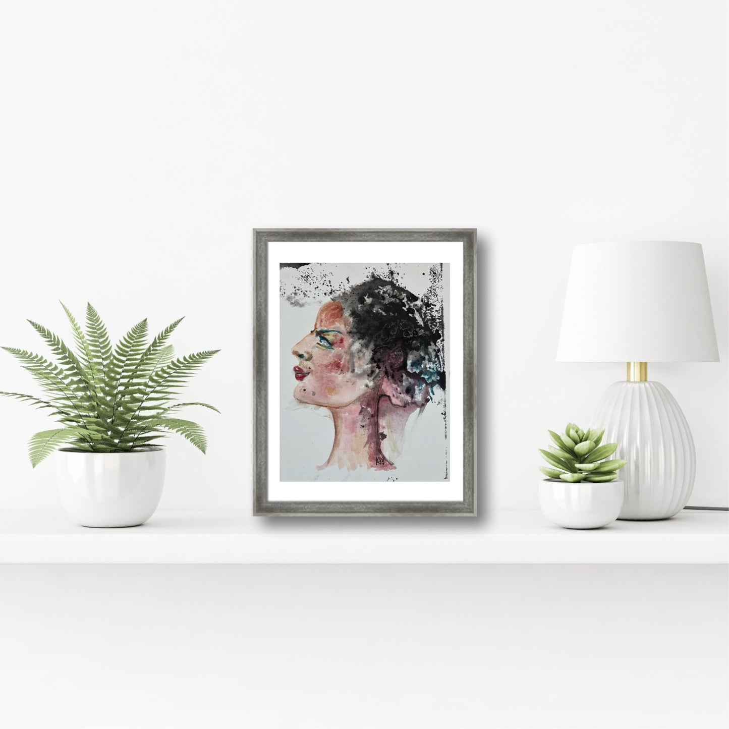 Original acrylic ballerina painting displayed on a white shelf in a modern interior, surrealist wall art 11x14 in