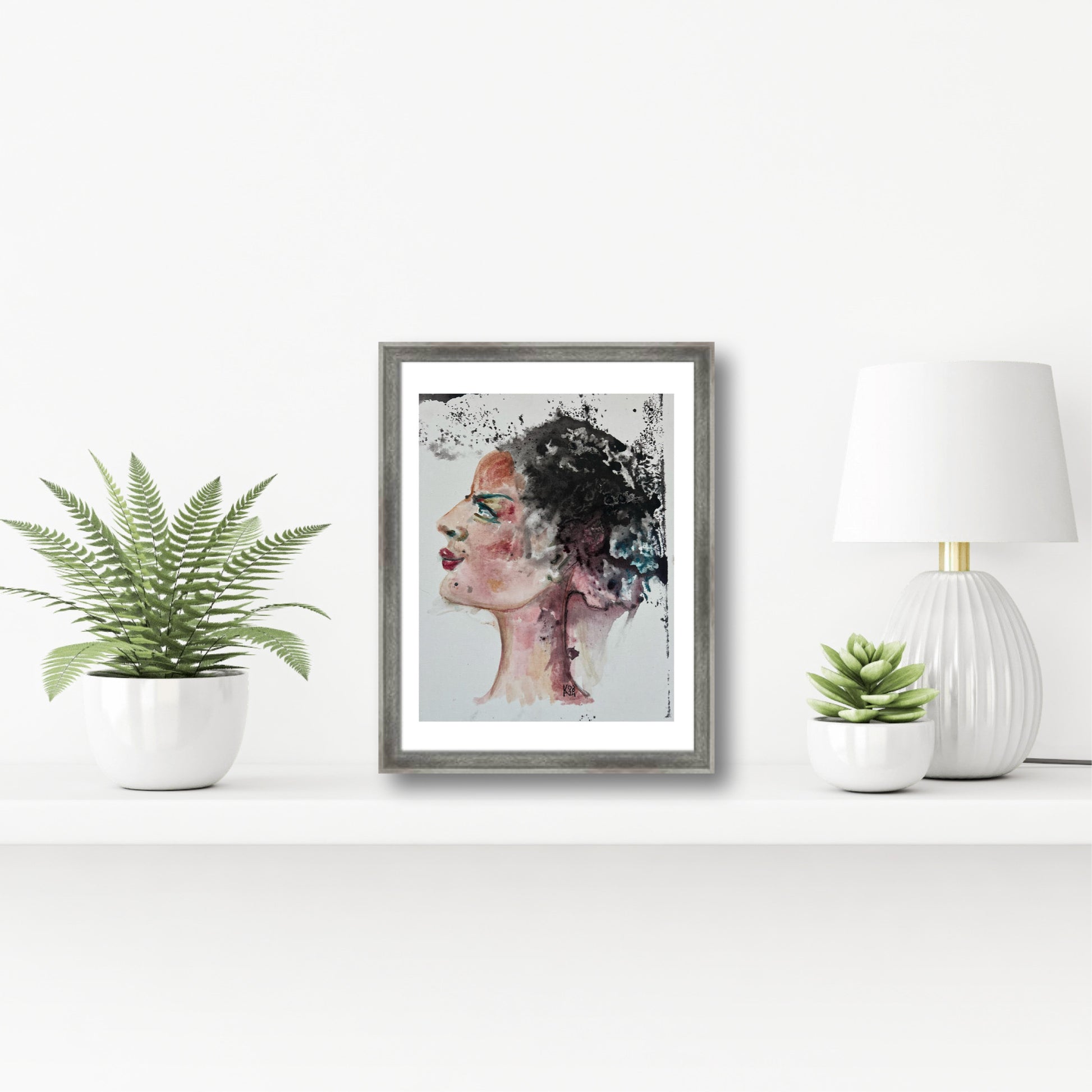 Original acrylic ballerina painting displayed on a white shelf in a modern interior, surrealist wall art 11x14 in