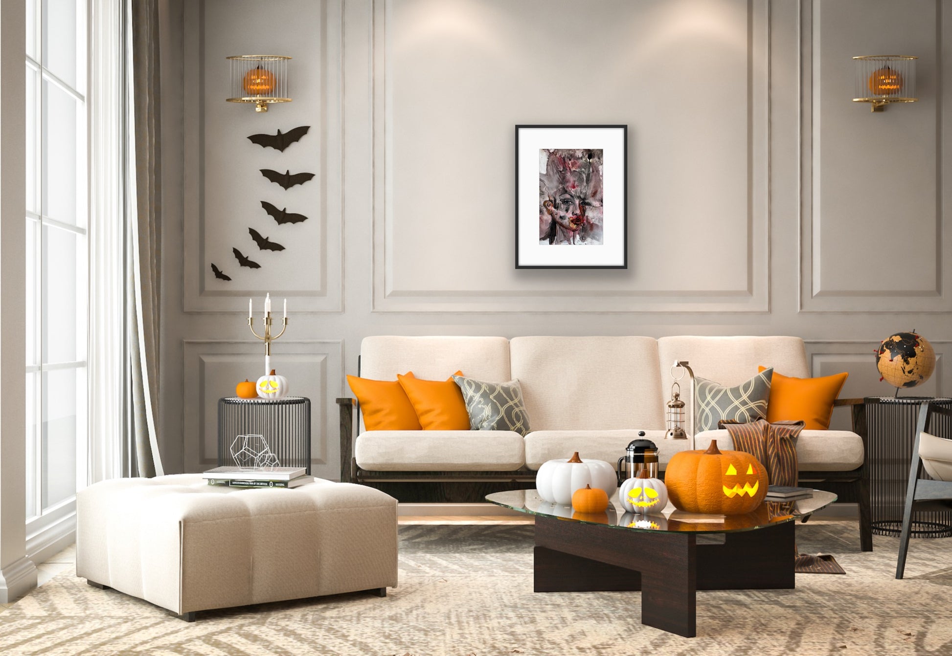Living room with Halloween decorations including pumpkins and bats on a gray wall.