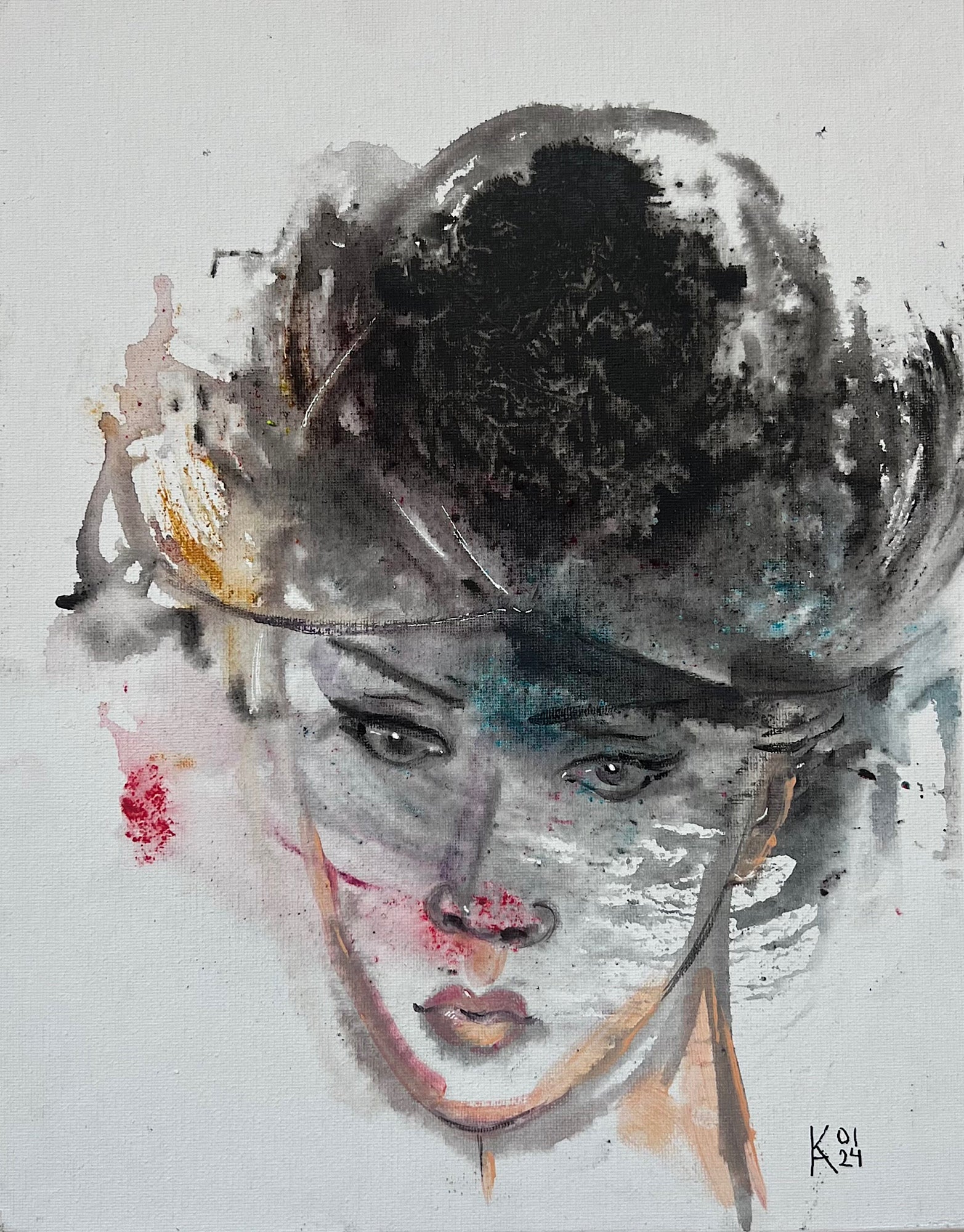 Original acrylic portrait painting of a Frenchwoman on canvas board, surrealism style, 11x14 inches