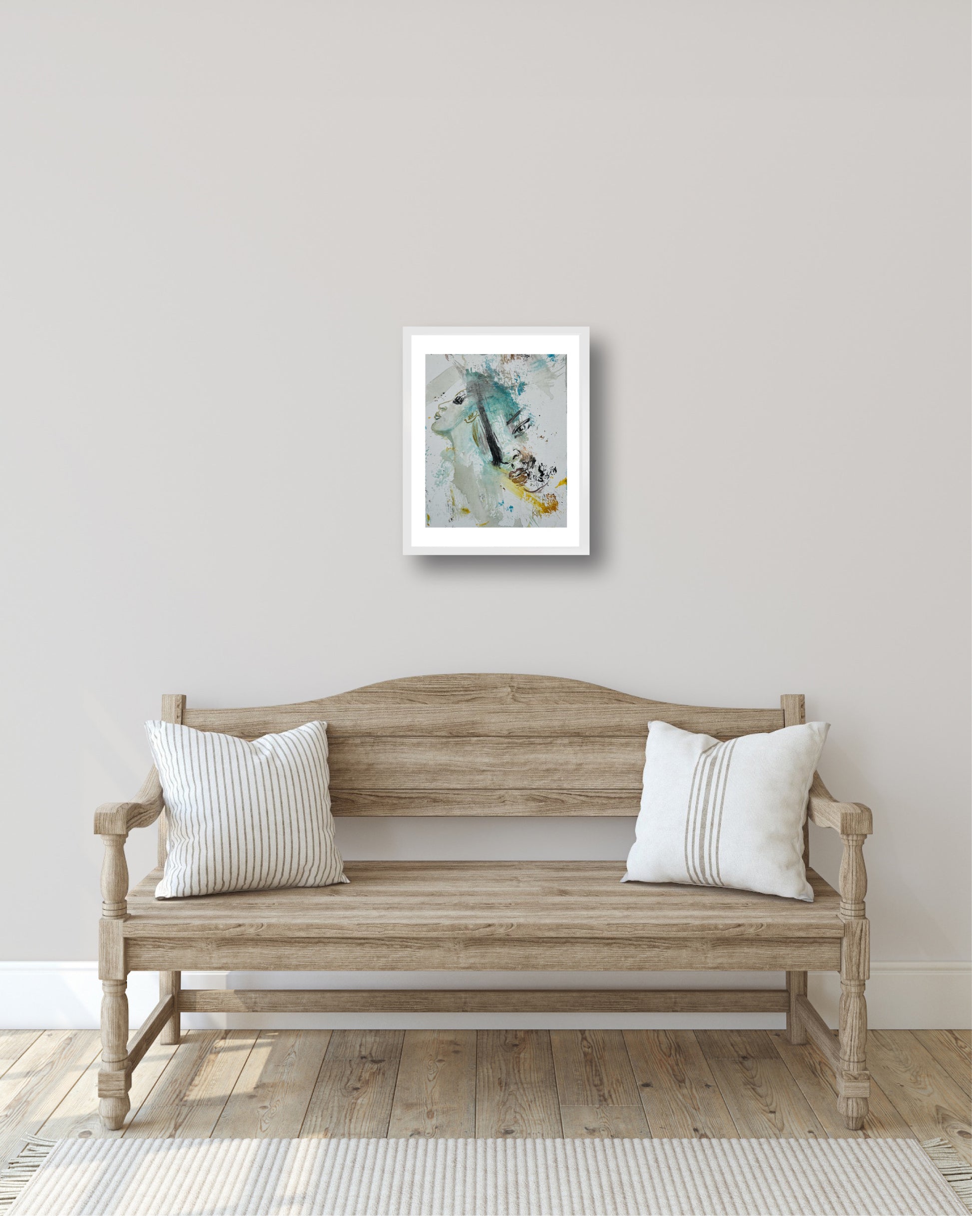 Original surrealist acrylic painting Memories of Summer displayed on wall, ethereal faces composition