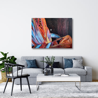 Living room with a colorful abstract painting on the wall above a gray sofa.