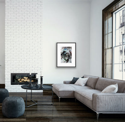 Modern living room with gray sectional sofa, white brick wall, and large window.