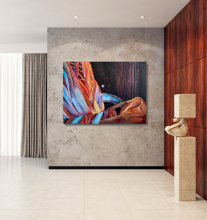 Modern interior with a colorful abstract painting on a concrete wall.
