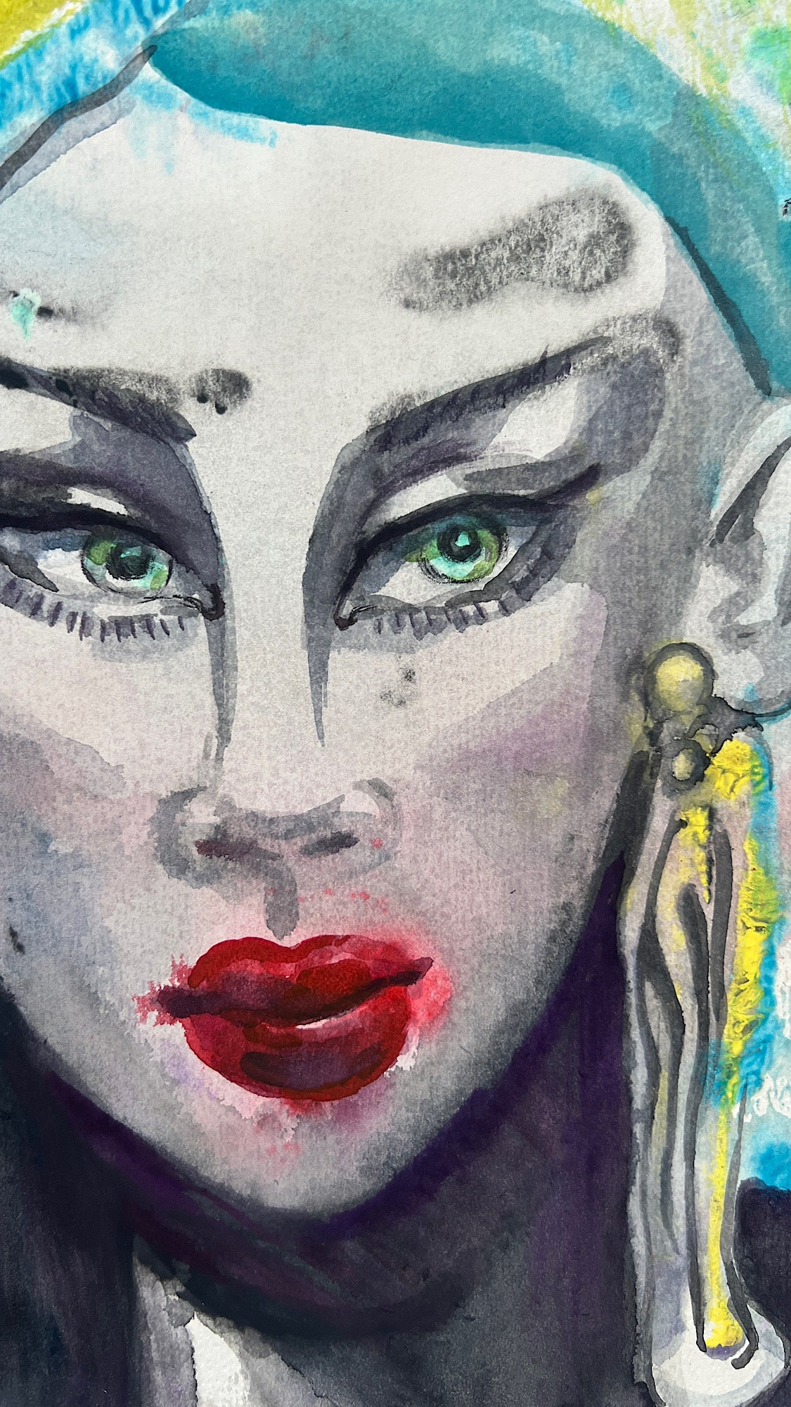 Original watercolor portrait close-up, both green eyes with bold brows and smoky liner, pale face, red lips, gold tassel earring