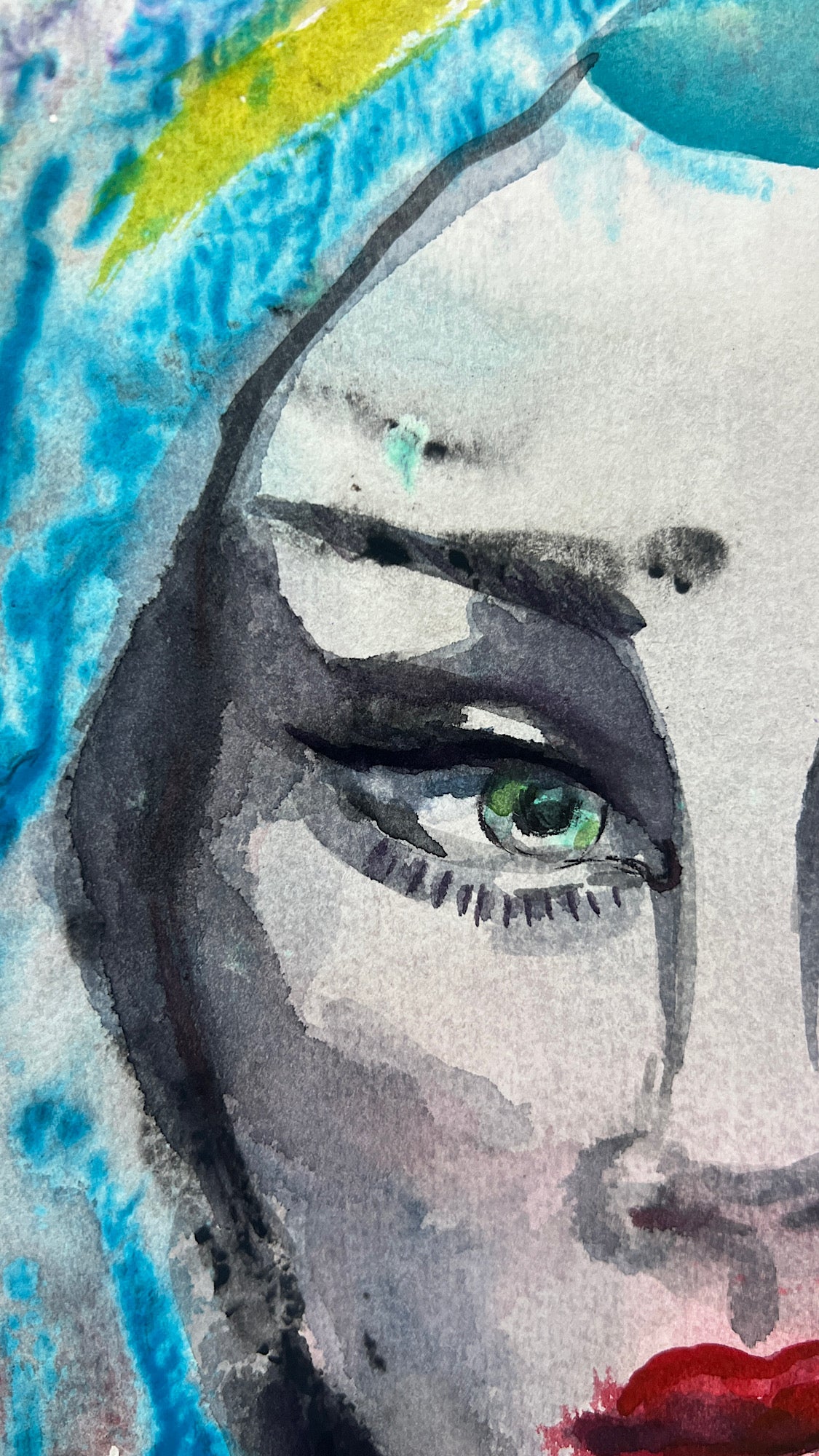 Original watercolor portrait close-up, green eye with dramatic black liner and arched brow, turquoise hair, red lips, tassel earring
