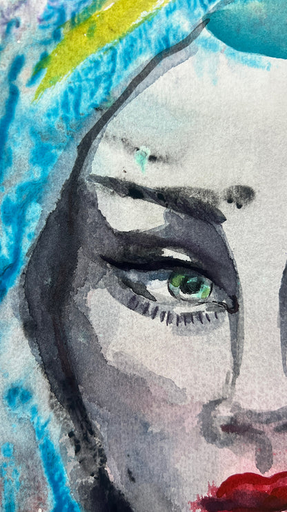 Original watercolor portrait close-up, green eye with dramatic black liner and arched brow, turquoise hair, red lips, tassel earring