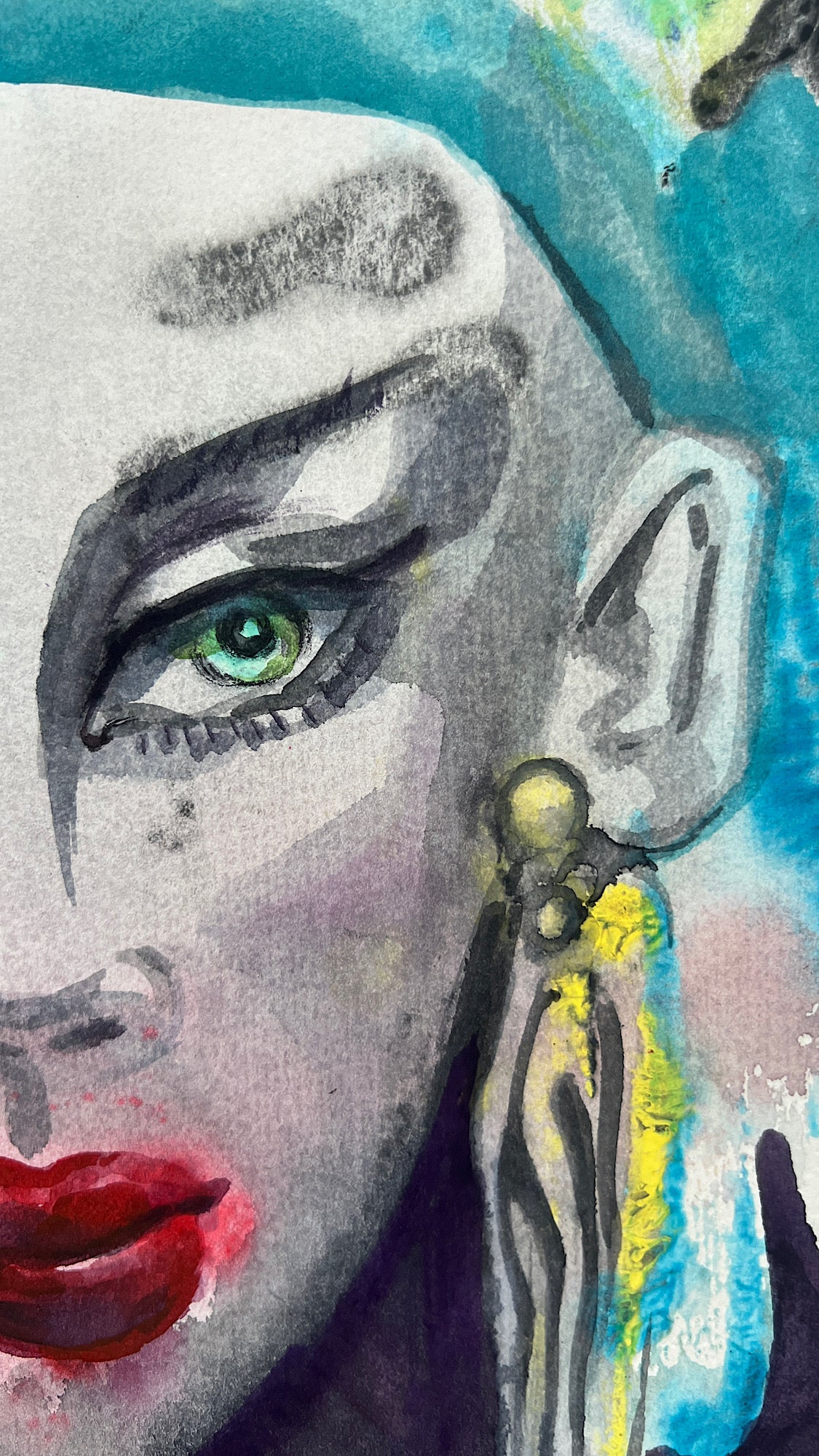 Close-up detail of original watercolor painting Turquoise Reverie, expressive brushwork, bold features, signed original artwork