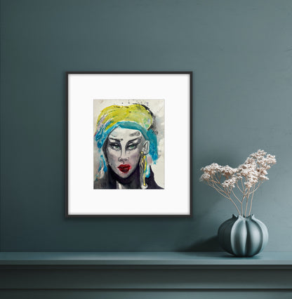 Original watercolor portrait Turquoise Reverie in black frame on dark teal wall above mantel with ceramic vase

