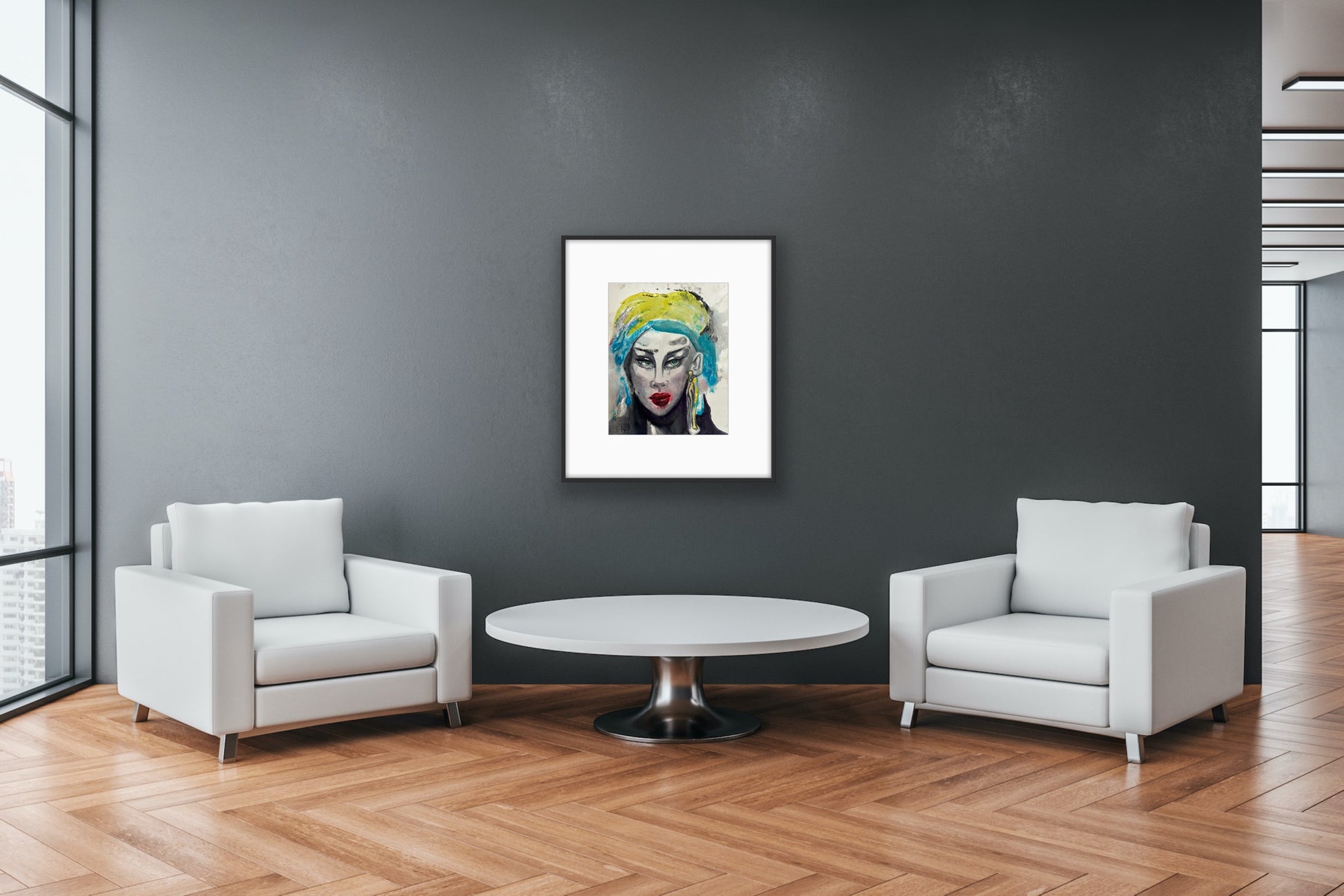 Original watercolor portrait Turquoise Reverie framed on dark wall in modern living room with white armchairs and round table