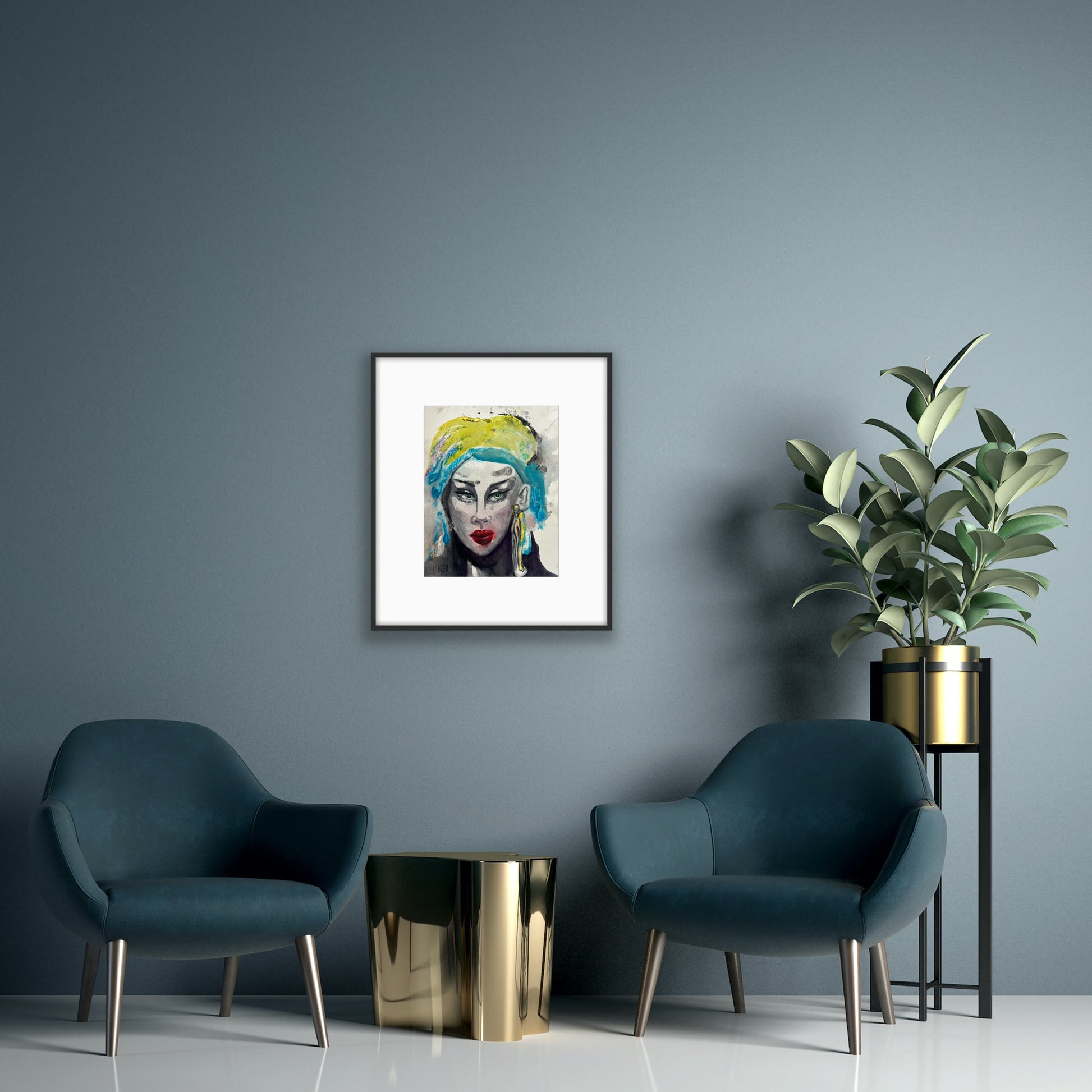 Original watercolor portrait Turquoise Reverie framed on teal wall above two blue armchairs and gold side table
