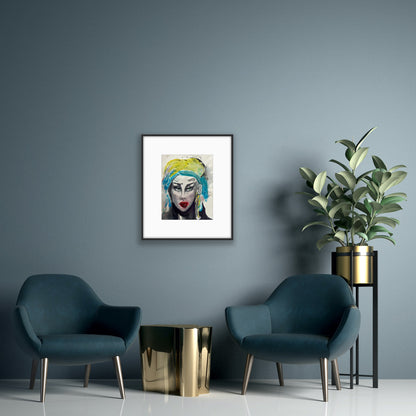 Original watercolor portrait Turquoise Reverie framed on teal wall above two blue armchairs and gold side table